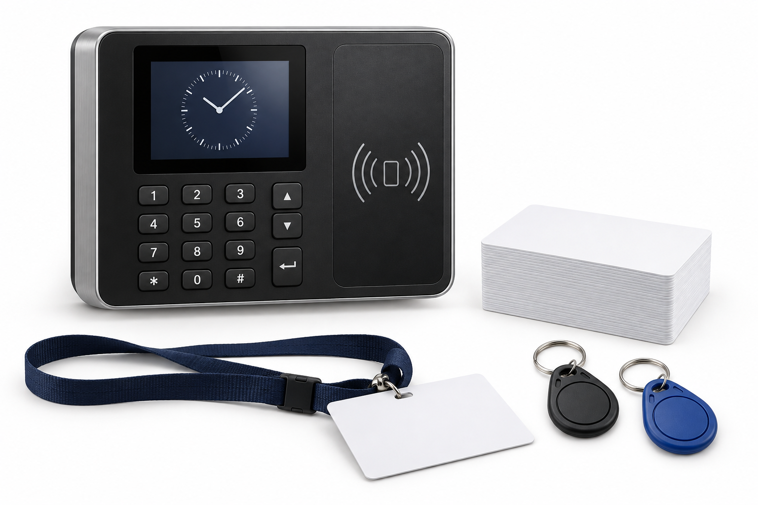 RFID devam kontrol terminali, personel kartları ve anahtarlıklar